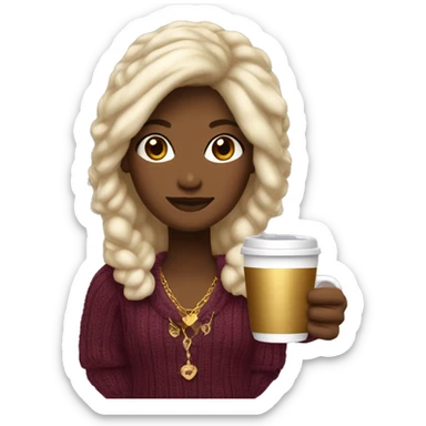 “Design a cozy and rich girl emoji with elegant hair, wearing a plush sweater in a deep, luxurious color. Add gold jewelry and a cup of coffee or tea for a touch of warmth and sophistication.” sticker