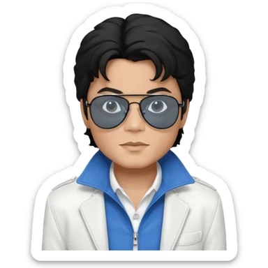 Michael Jackson is white, wearing completely black smokey Ray-Ban glasses, a white jacket, and a blue shirt. sticker
