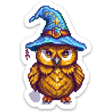 pixel art owl wearing a wizard hat sticker