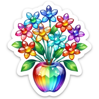 a bouquet of crystal flowers shimmering with rainbow colors, Apple emoji style sticker