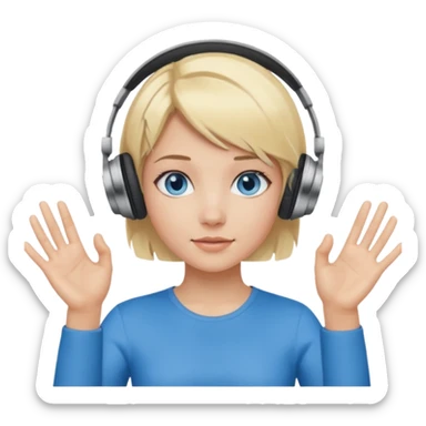 girl with blonde and middle short hair and blue eys with heands telling what, having heaphones on head,  sticker