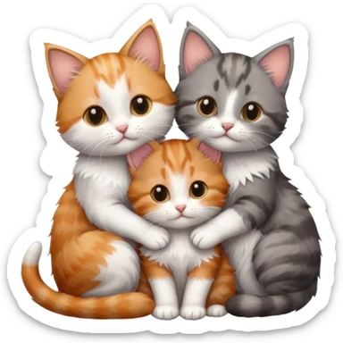 3 tiny kittens cuddling together all different colours, the first one is grey and white, the second is ginger and white and the third is brown tabby and white sticker