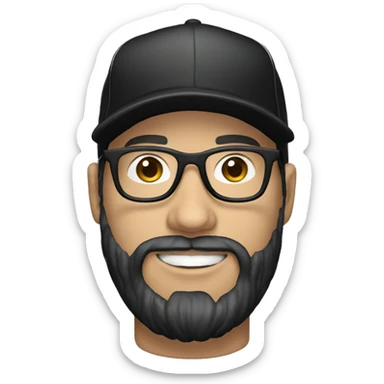 white man with glasses and black beard with a baseball hat backwards and a black t shirt sticker