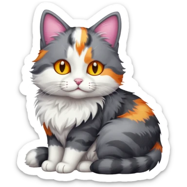 full body dark grey and white cat cuddling a colourful light patched calico + white tabby cat  sticker