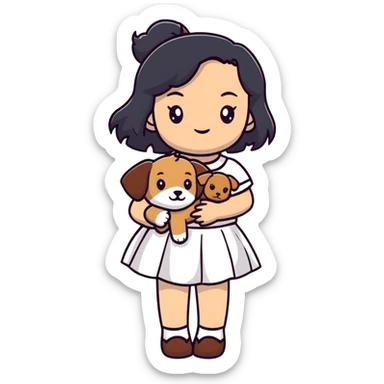 A beautiful girl with long straight black hair wearing a white skirt holding a small brown curly teddy dog sticker