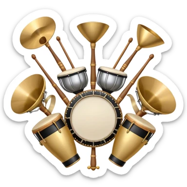 Create a heraldic, festive, and professional emblem-like emoji representing percussion instruments. The design should resemble a traditional crest, featuring a range of percussion instruments like cymbals, triangle, tambourine, maracas, timpani, and other traditional and folk percussion instruments. Arrange them symmetrically, with elements like cymbals crossing each other, a triangle at the center, and timpani or drums flanking the sides. The instruments should be depicted with metallic and wooden tones—shiny brass for cymbals, silver for the triangle, and rich wood or polished bronze for drums. Include ornate details like engraved patterns on the instruments, decorative swirls or laurels, and subtle accents to add elegance and festivity to the composition. The overall design should be cohesive, balanced, and visually striking, suitable for use as a prestigious emblem. The background should be transparent. sticker