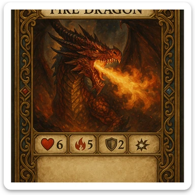 ornate RPG card of a fire dragon breathing fire, info panels for health, fire, armor, special power, description area, elaborate fantasy border, intricate details, vibrant dramatic fantasy art style sticker