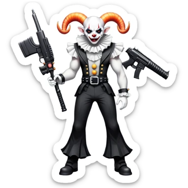 full-body muscular demonic clown, battle-ready, black and white leisure suit with bellbottom pants, bald, black ram horns, flashy black and white belt, ruffled white shirt, no neck tie, large fangs, holding very large futuristic rifle sticker