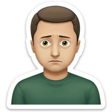 Photorealistic Vladimir Zelensky, sad. dark green shirt sticker