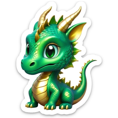 Cinematic Cute Dragon Portrait Emoji, Head tilted playfully and inquisitively, featuring a sleek, serpentine form adorned with iridescent scales that shift between emerald and gold, a delicate set of subtle horns, and round, sparkling eyes full of curious magic; rendered with realistic detail and warm natural light, high shine, affectionate and enchanting, styled with a touch of whimsical fantasy, soft glowing outline, capturing the essence of a mischievous yet lovable dragon that seems poised to slither playfully into your arms! sticker