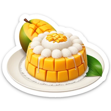 Mango Sticky Rice Cinematic Realistic Mango Sticky Rice Dessert Emoji, depicted as sticky rice drizzled with coconut milk topped with a layer of coconut cream, accompanied by sliced mango on the side of the plate, rendered with vivid textures and warm, tropical lighting. sticker