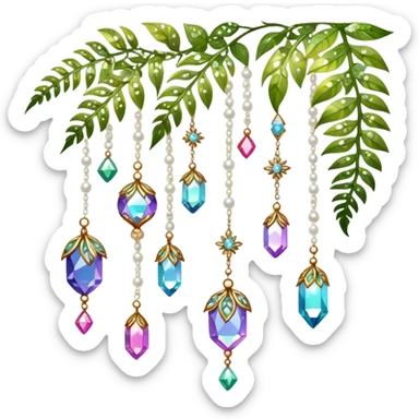 Few cute tiny Iridescent glistening glossy sparkly shiny glittery hanging crystals pearls and beads and gemstones scenery scenic decorations with vines and ferns and flowers sticker