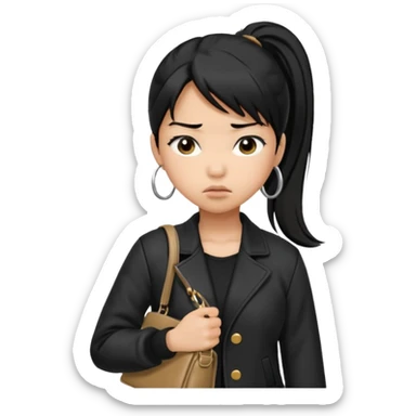 A girl with a pony tail black hair and Asian tan skin, Asian eyes, with a black jacket and a black purse, with an annoyed and confused expression on her face  sticker