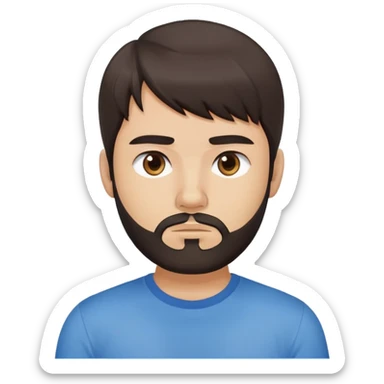 Argentine male with longer straight dark brown hair reaching shoulders, bangs, short complete beard, serious neutral face, wearing plain blue t-shirt sticker