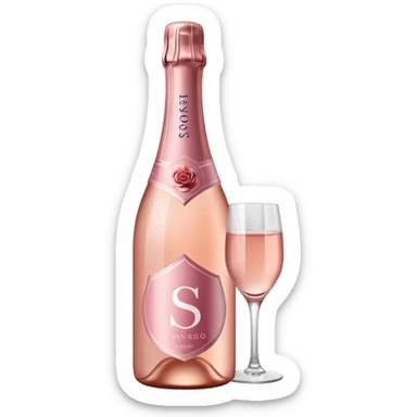 bottle of sparkling rosé with a rose logo on the label, angled to the left, no glass sticker
