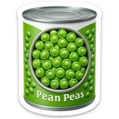 open can of green peas metal simple label with pea image top off showing glossy tender green peas inside moist and brined no extras apple emoji style soft lighting transparent background emoji scale sticker