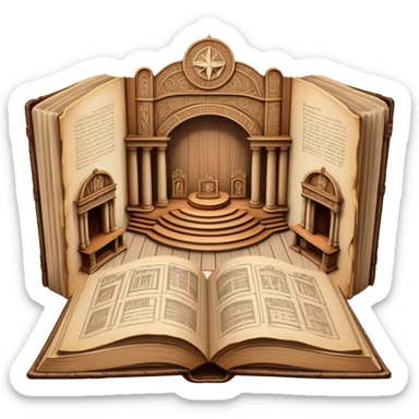 Ancient book with pages open wide displaying multiple theatrical set sketches, perspective drawings of stage designs, backdrop illustrations with Puerto Rican symbols integrated, wooden cover edges sticker