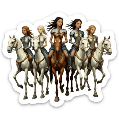 cinematic - aesthetic brilliant radiant divine lighting, oil paint - ivory Four thin women as riders of the Apocalypse, after a graphic by Albrecht Dürer in a desolate landscape on horse skeletons sticker