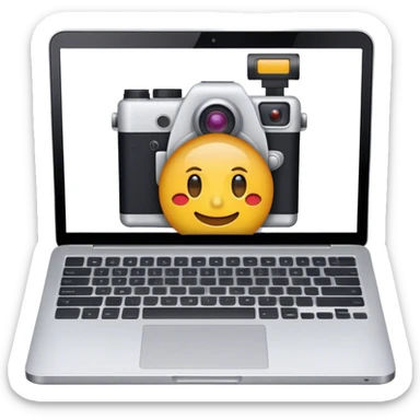 Create an emoji of blogging. The design should feature an open laptop or tablet with a visible blog post on the screen, showing text. Add a photo or video camera to symbolize multimedia content creation. Use modern, professional colors. No smiles. Make the background transparent. sticker
