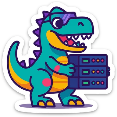 techy and fun T-Rex dinosaur holding a server sticker