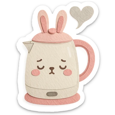 cute bunny-shaped electric kettle, shy expression, steam forming a heart, pastel white and pink, full-body sticker