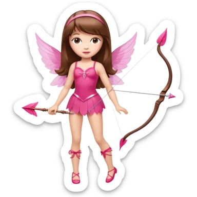 Hada de piel clara cupido pequeña  de cabello largo lacio castaño con flequillo y ojos cafés  vestida con algo sensual semitransparente corto color blanco o rojo con 1 arco y una sola flecha que combinen y labios rositas tipo Barbie pero en hada cupido de cuerpo completo de pies a cabeza   sticker