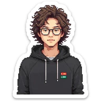 Malay teenager with fluffy hair, long face, light mustache, glasses, and a black hoodie sticker
