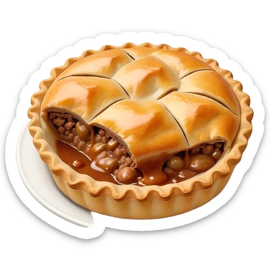 Cinematic Realistic Meat Pie Dish Emoji, showcasing a flaky pastry filled with rich, hearty meat gravy, rendered with lifelike detail and warm, inviting lighting. sticker
