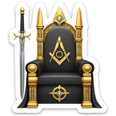 wide big iron black sword throne with ornate gold and prominent Illuminati symbol sticker