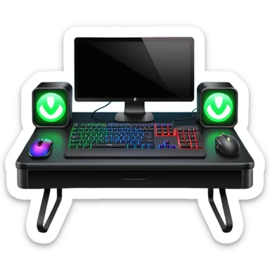 rgb gaming computer on black desk with a black keyboard and mouse sticker
