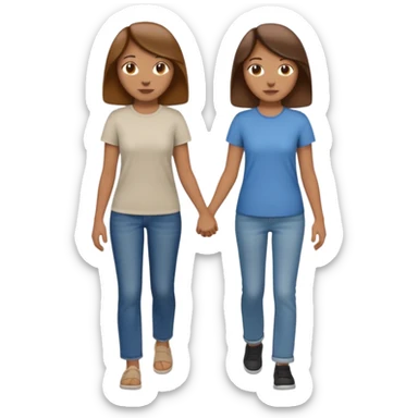 based on emoji style, two people walking together. one is brown-haired woman, wearing a shirt,  Another one is a non-binary person, wearing t shirt and jeans, and the second person doesn't have anything on their hands. They are not holding hands sticker