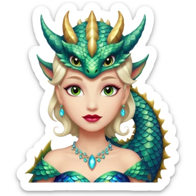 Am amazing blend of a half dragon woman with glittering jeweled scales covering her body. She has large almond shaped eyes, lush lips, and she wears a stunning luminescent gown. sticker