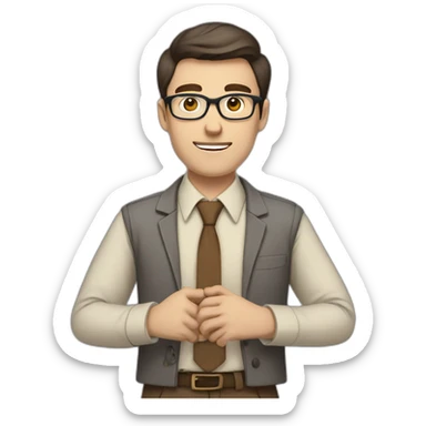 To belt Actively gesturing with hands Pale skinned fit man teacher with dark brown hair in gray jacket, beige office shirt, brown tie, brown pants and vintage glasses. sticker