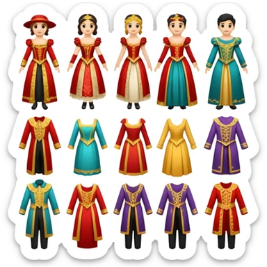 create a series of images for Theatre costumes Inventory showing a variety of costume styles without a person sticker