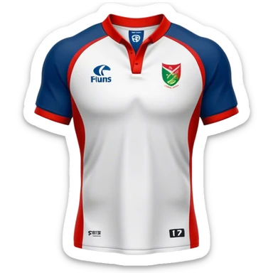 Cinematic Realistic image of a rugby jersey rendered in bold, dynamic team colors with intricately detailed fabric textures and natural creases, illuminated by dramatic stadium lighting sticker