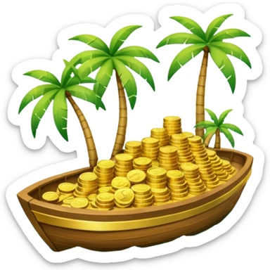 emoji of gold coins on the boat in the sea and an island on the background sticker