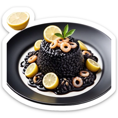 cinematic-realistic-black-risotto-dish-emoji,-showcasing-small squid pieces in black sauce -rendered-with-bold-textures-and-dynamic,-dramatic-lighting in a white plate with a grilled lemon on top sticker