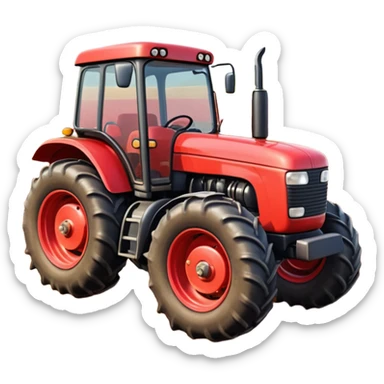 A 3D cartoon red tractor in a farmland setting, with plowed soil and crops in the background, smooth reflections, detailed tires, warm daylight, Memoji-style realism. sticker