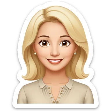 Warm-hearted Linette Torres, Puerto Rican actress in her 50s with light skin, extremely loving expression, bright gentle eyes, sweet welcoming smile, elegant blonde hair, wearing a simple relaxed blouse sticker