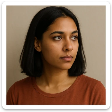portrait of a light brown skinned female with shoulder length black hair, looking to the side, simple background sticker