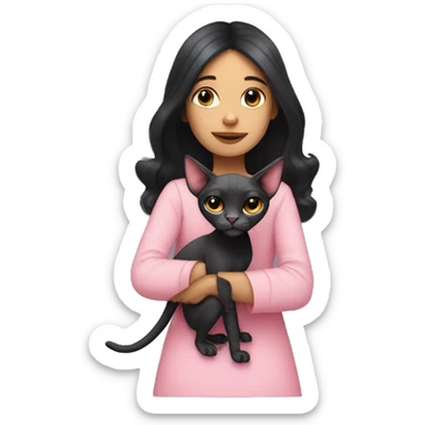 A girl with black hair hugs a pink sphinx cat  sticker