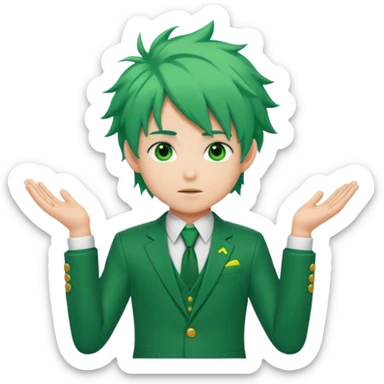 deku : boy anmie green hair green eyes in a ua suit with frenkles sticker