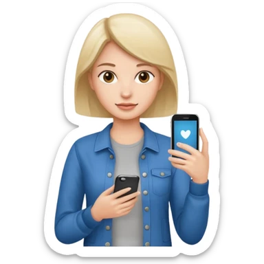 woman casual clothes holding one mobile phone sticker