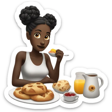 Dark skin black  woman eating breakfast with twist bun good morning sticker
