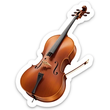 Create an elegant and refined emoji representing a Cremona 4/3F 4/4 cello with bow. The design should feature the distinctive, finely crafted body of the cello, highlighting its rich wooden finish and gracefully curved shape. The bow should be included, with visible horsehair and a polished wooden stick. Add subtle details like tuning pegs and strings to emphasize the precision and craftsmanship of the instrument. Use warm wood tones, deep brown, and soft metallic accents to reflect the high quality of the Cremona cello. The background should be transparent. sticker