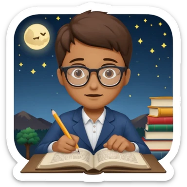 person infront of a book learning in the middle of the night sticker