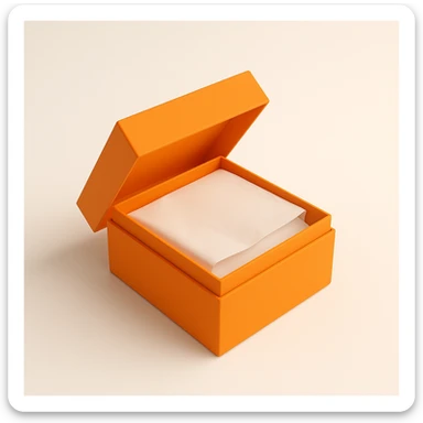 3D style orange Hermès box, same square shape and proportions as reference, slightly open with tissue paper inside, minimal, no logo, on white or transparent background sticker