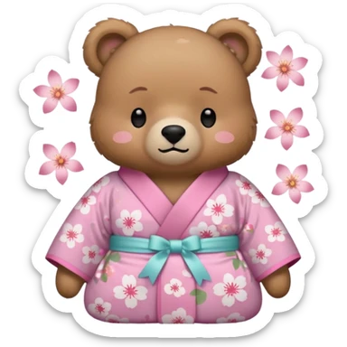 A cute light-brown bear wearing a pastel pink sakura-patterned kimono with a small ribbon on the back, normal balanced head and body proportions, sleepy half-closed eyes, mouth slightly open in a drowsy expression, tiny “zzz” floating near the head, a couple of sakura petals around
 sticker