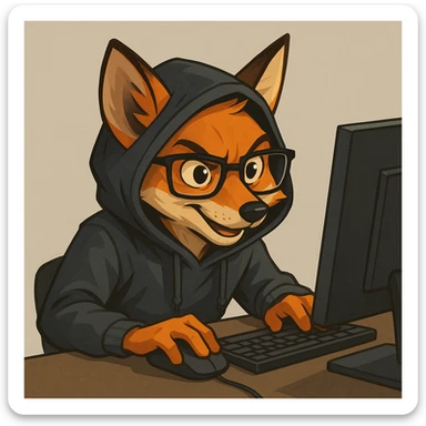 clever fox programmer-hacker wearing a hoodie and glasses, sitting at a computer, modern style, expressive facial expression, focus on the fox and computer, neutral background without extra details sticker