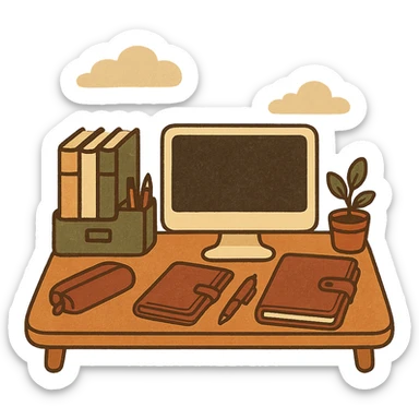 sticker illustration of a neat organized workspace with elements of organization including a desk, organizer, leather accessories such as a notebook cover, leather pencil case, stand, in burgundy, white, black, gray colors, modern business style, no text sticker